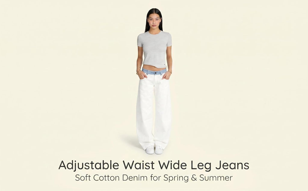 Womens Adjustable Mid Low Rise Wide Leg Jeans Baggy Denim Pants