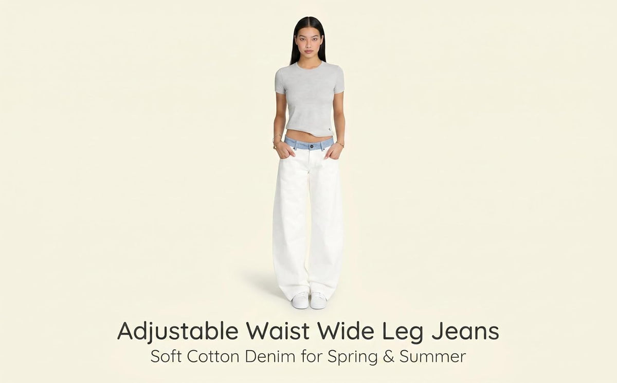 Womens Adjustable Mid Low Rise Wide Leg Jeans Baggy Denim Pants