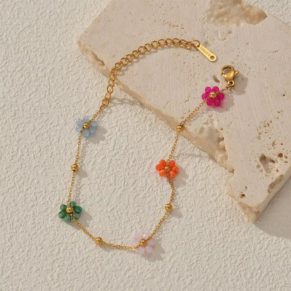 Sifisrri Vintage Color Flower Beads Chain Necklace Bracelet Jewerly Set for Women Stainless Steel Fashion Valentine'S Day Gift