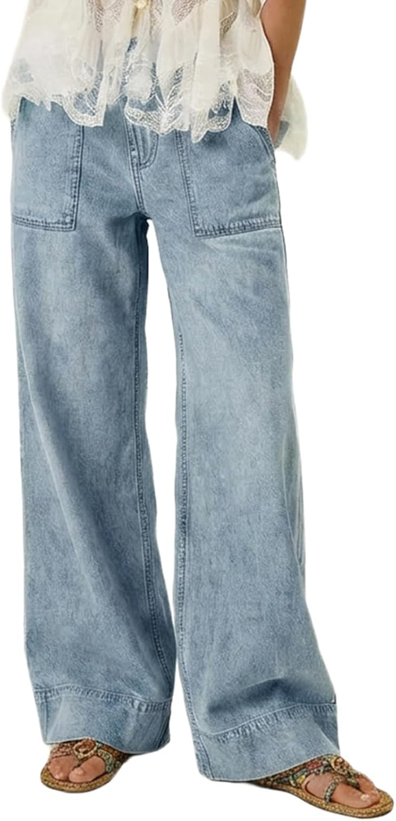 Women'S Wide Leg Jeans Baggy Low Mid Rise Pull on Denim Pants Y2K