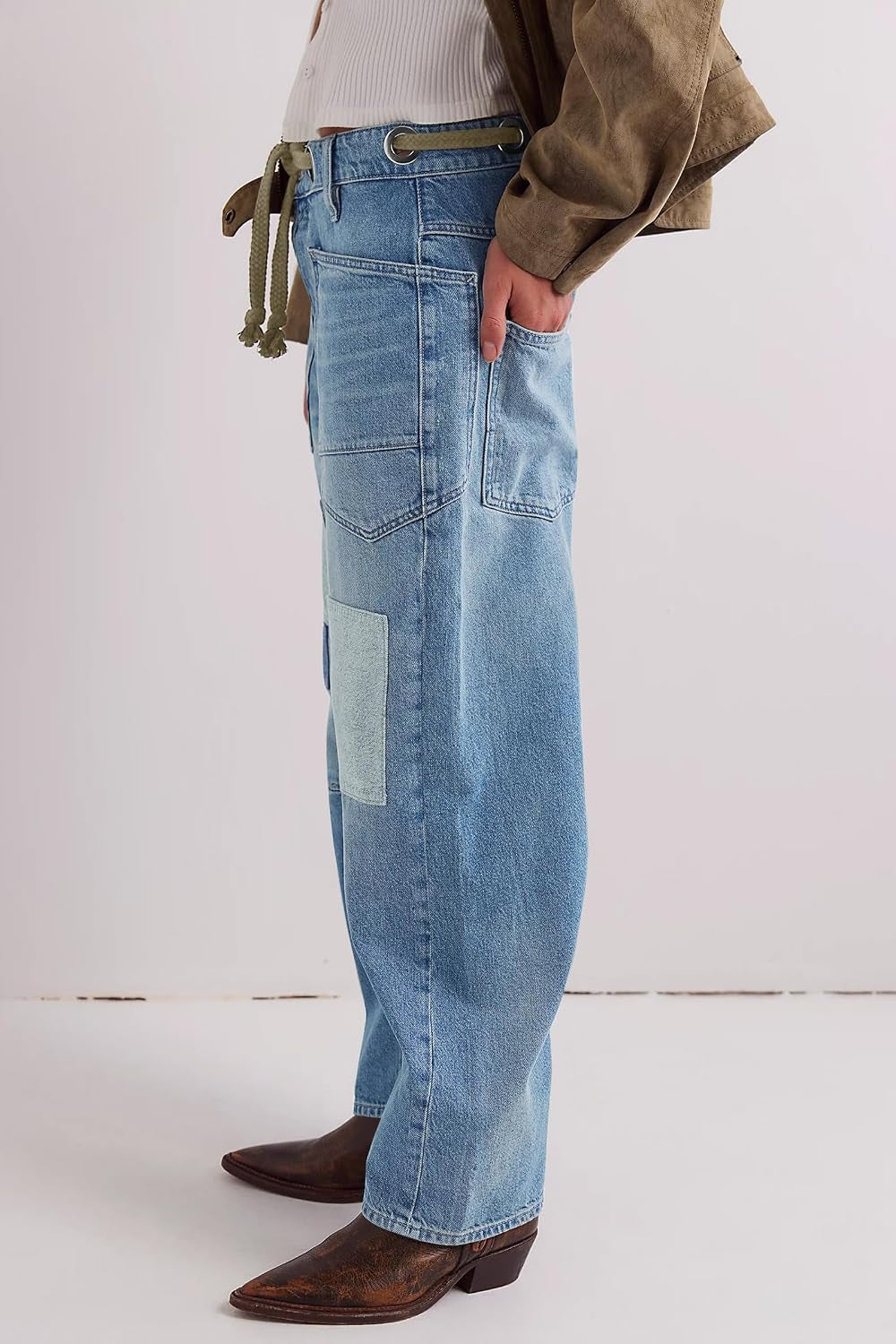 Womens Baggy Barrel Horseshoe Jeans Wide Leg Patchwork Low Rise Denim Pants with Pockets