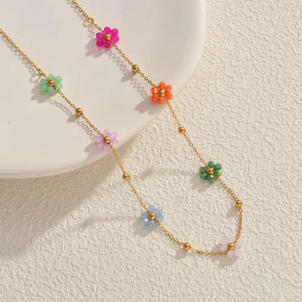 Sifisrri Vintage Color Flower Beads Chain Necklace Bracelet Jewerly Set for Women Stainless Steel Fashion Valentine'S Day Gift