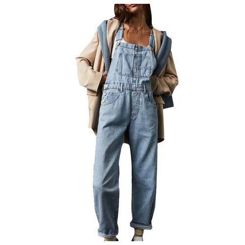 2024 Women'S Overalls Loose Fit Ladies Jeans Summer Solid Color Fashion Baggy Suspenders Button Jumpsuit Casual Sleeveless Wide Long Bib Leg Rompers with Pockets Dark Blue XL