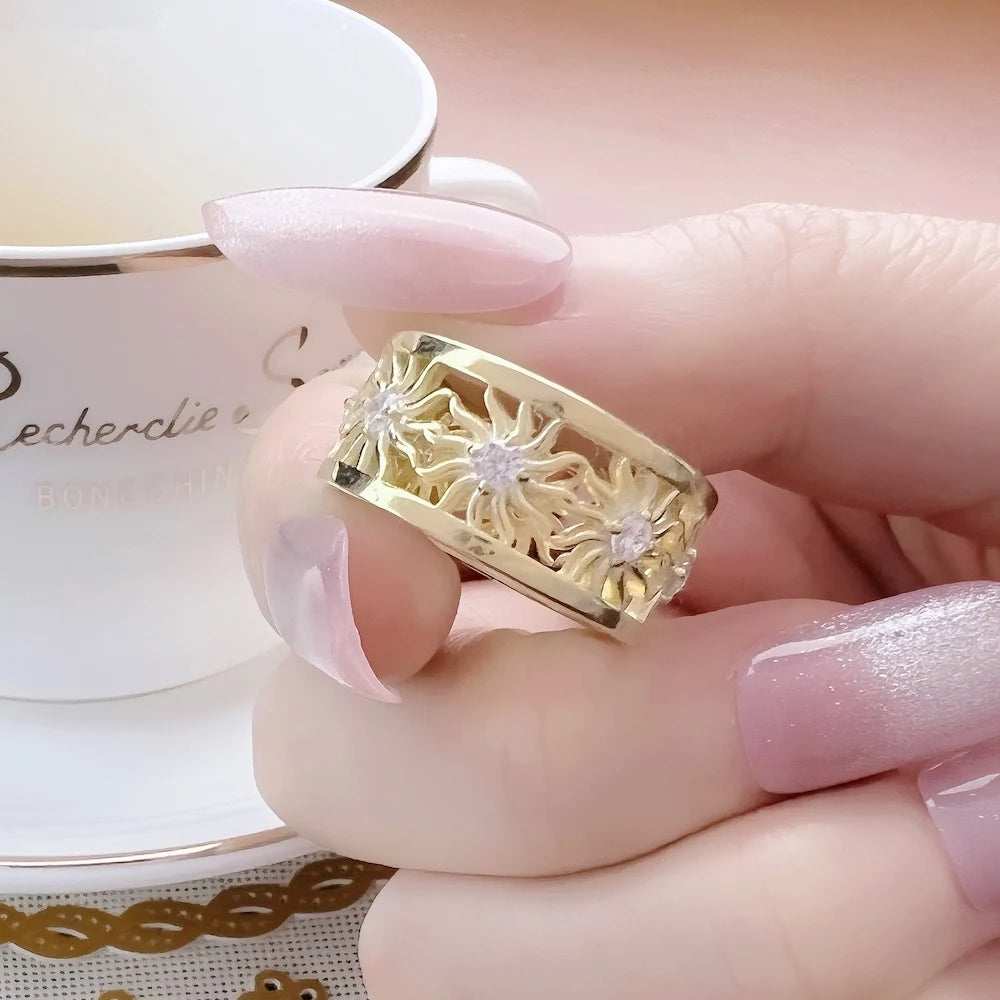 Band Ring Golden Sun,Brand New Europe Style Fine Jewerly for Women Men Gift in 925 Sterling Silver