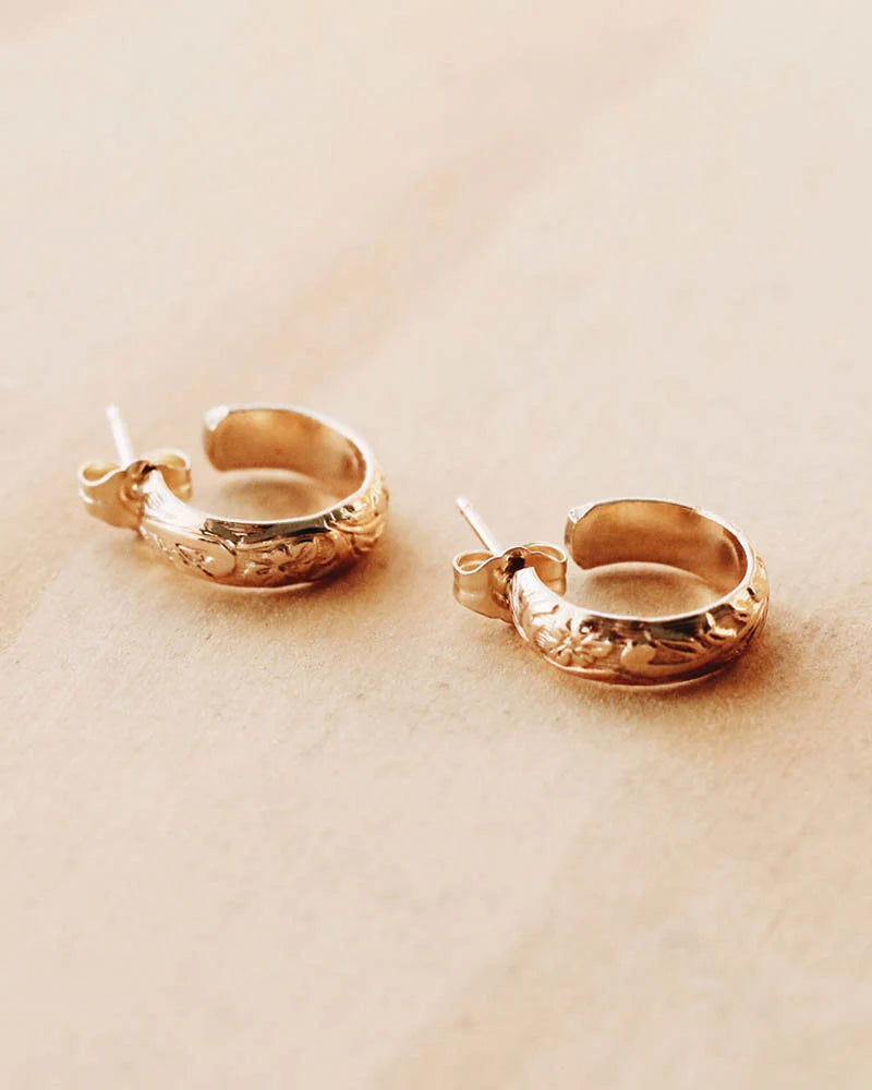 Floral Etched Hoop Earrings 14K Gold Filled, Botanical Hoops, Everyday Gold Earrings, Gift for Her