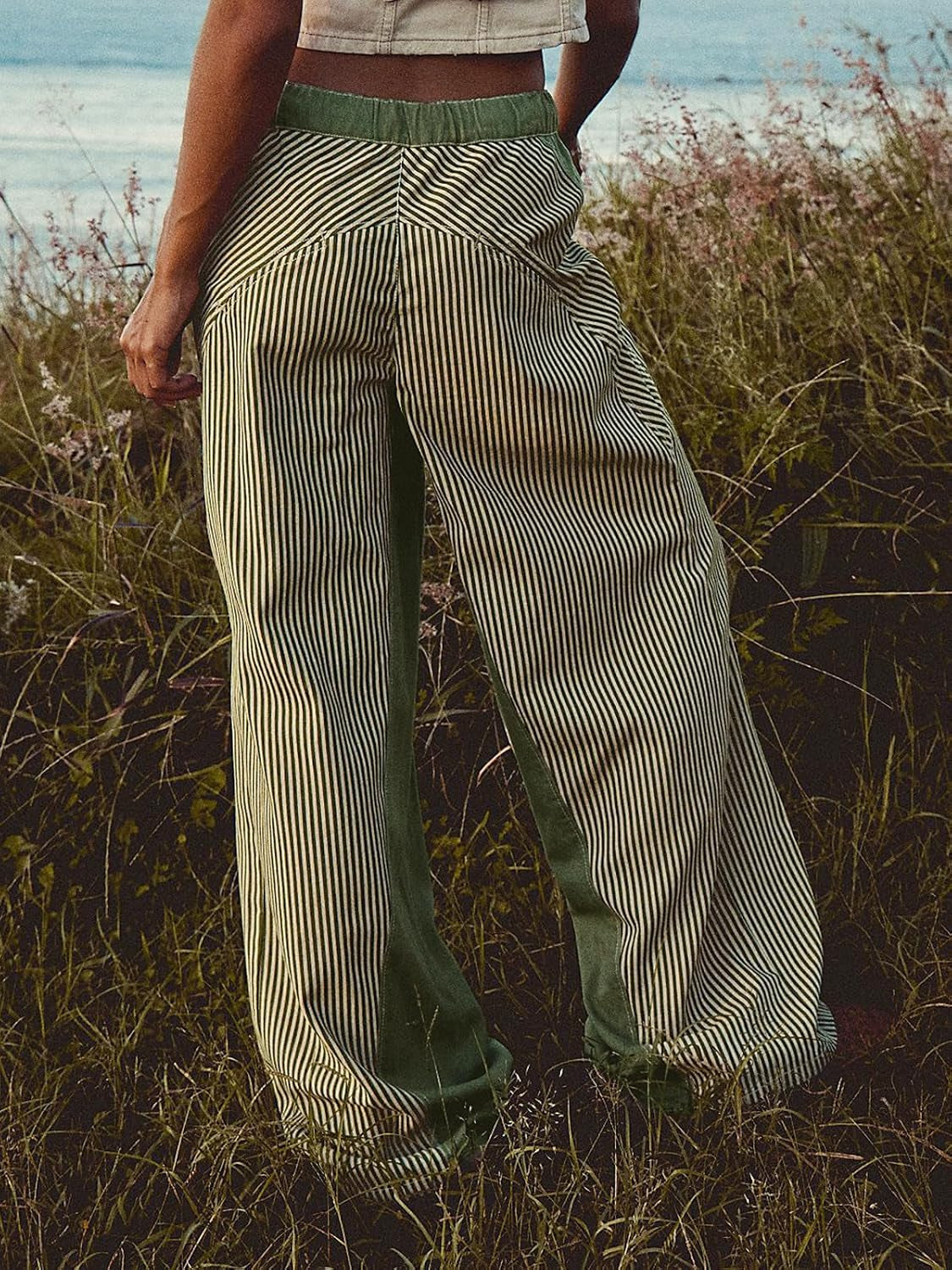 Low Rise Striped Pants for Women Pull on Drawstring Boho Wide Leg Jeans Trendy 2026