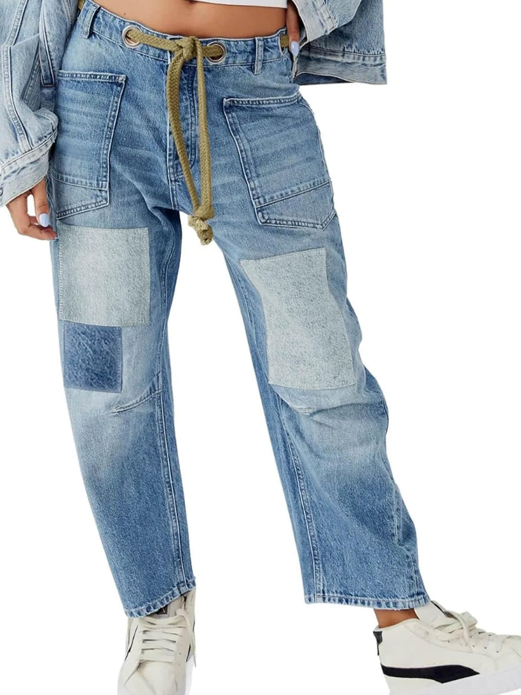 Womens Baggy Barrel Horseshoe Jeans Wide Leg Patchwork Low Rise Denim Pants with Pockets