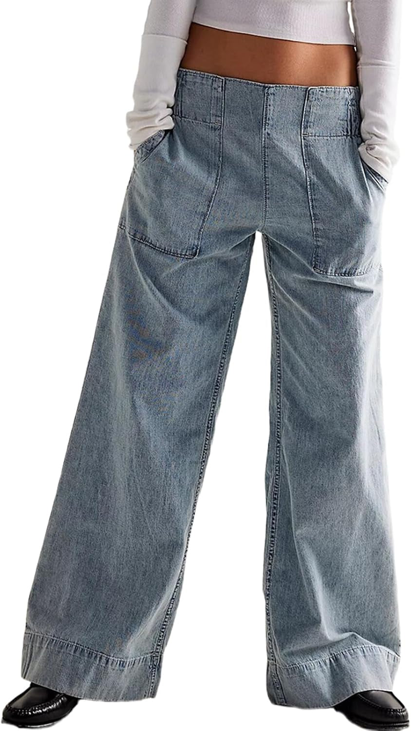 Women'S Wide Leg Jeans Baggy Low Mid Rise Pull on Denim Pants Y2K