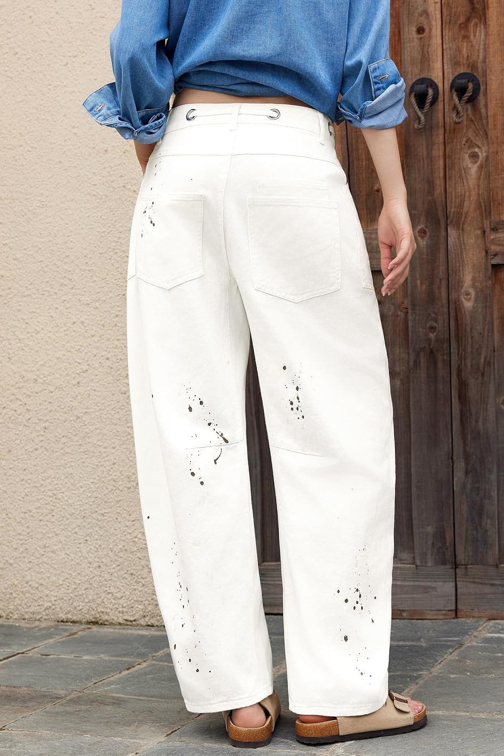 Womens Baggy Barrel Horseshoe Jeans Wide Leg Patchwork Low Rise Denim Pants with Pockets