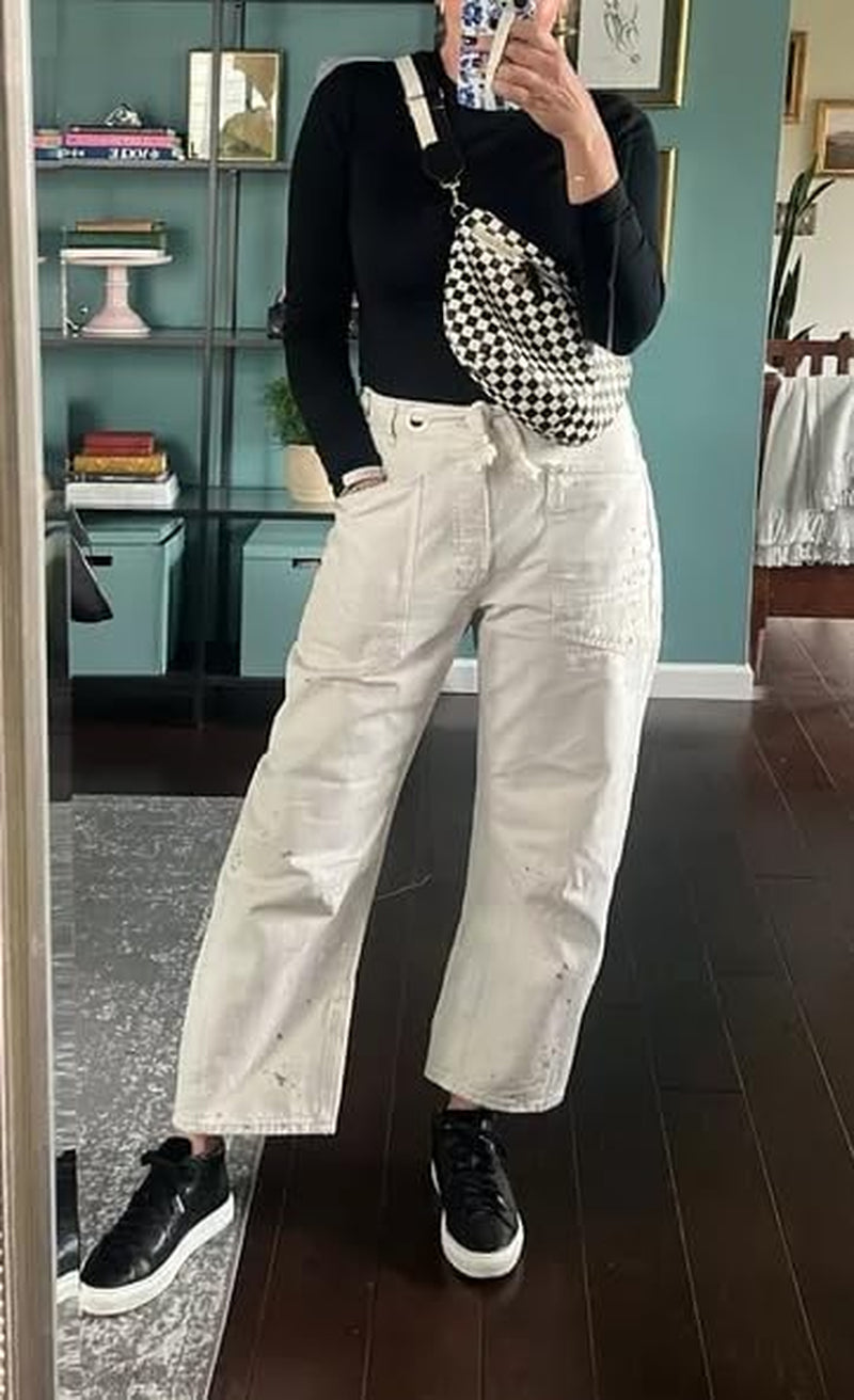 Womens Baggy Barrel Horseshoe Jeans Wide Leg Patchwork Low Rise Denim Pants with Pockets