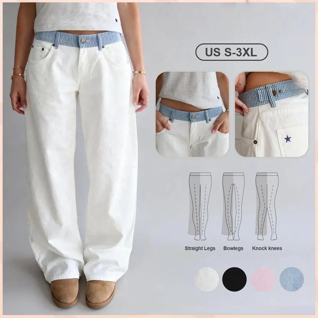 Womens Adjustable Mid Low Rise Wide Leg Jeans Baggy Denim Pants
