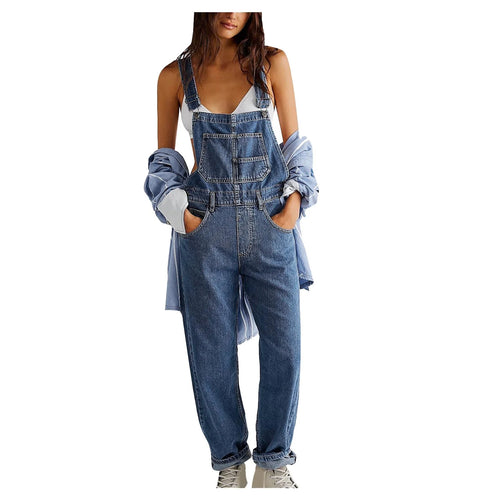 2024 Women'S Overalls Loose Fit Ladies Jeans Summer Solid Color Fashion Baggy Suspenders Button Jumpsuit Casual Sleeveless Wide Long Bib Leg Rompers with Pockets Dark Blue XL