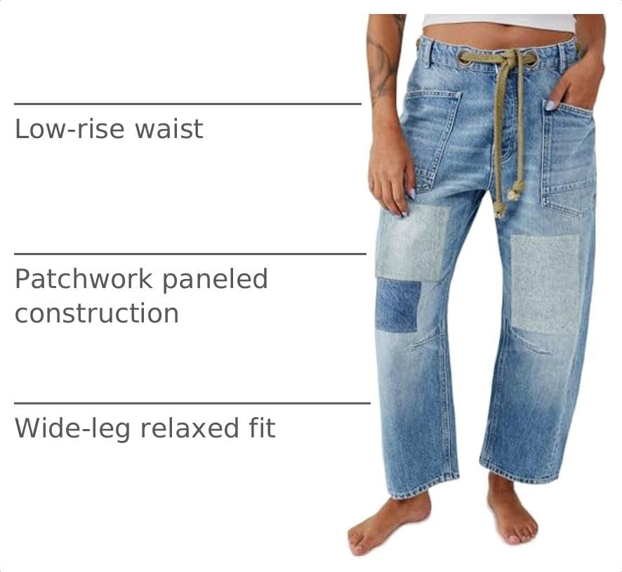 Womens Baggy Barrel Horseshoe Jeans Wide Leg Patchwork Low Rise Denim Pants with Pockets