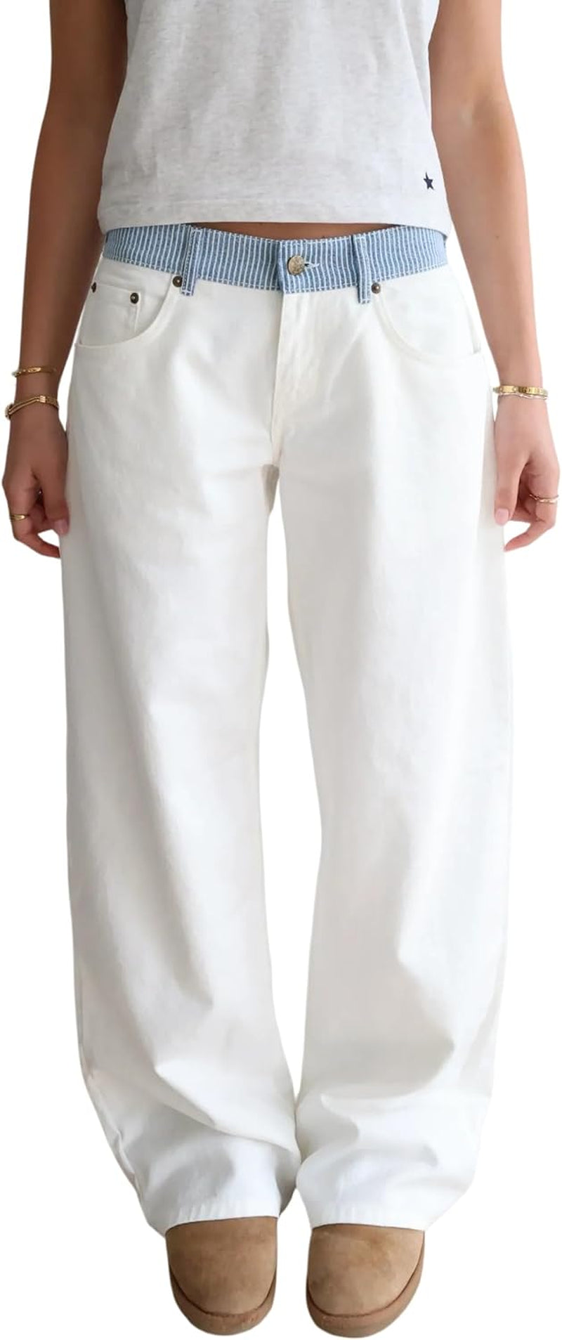 Womens Adjustable Mid Low Rise Wide Leg Jeans Baggy Denim Pants