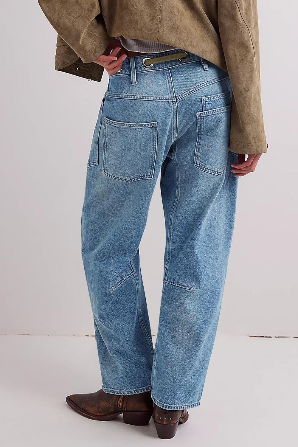Womens Baggy Barrel Horseshoe Jeans Wide Leg Patchwork Low Rise Denim Pants with Pockets