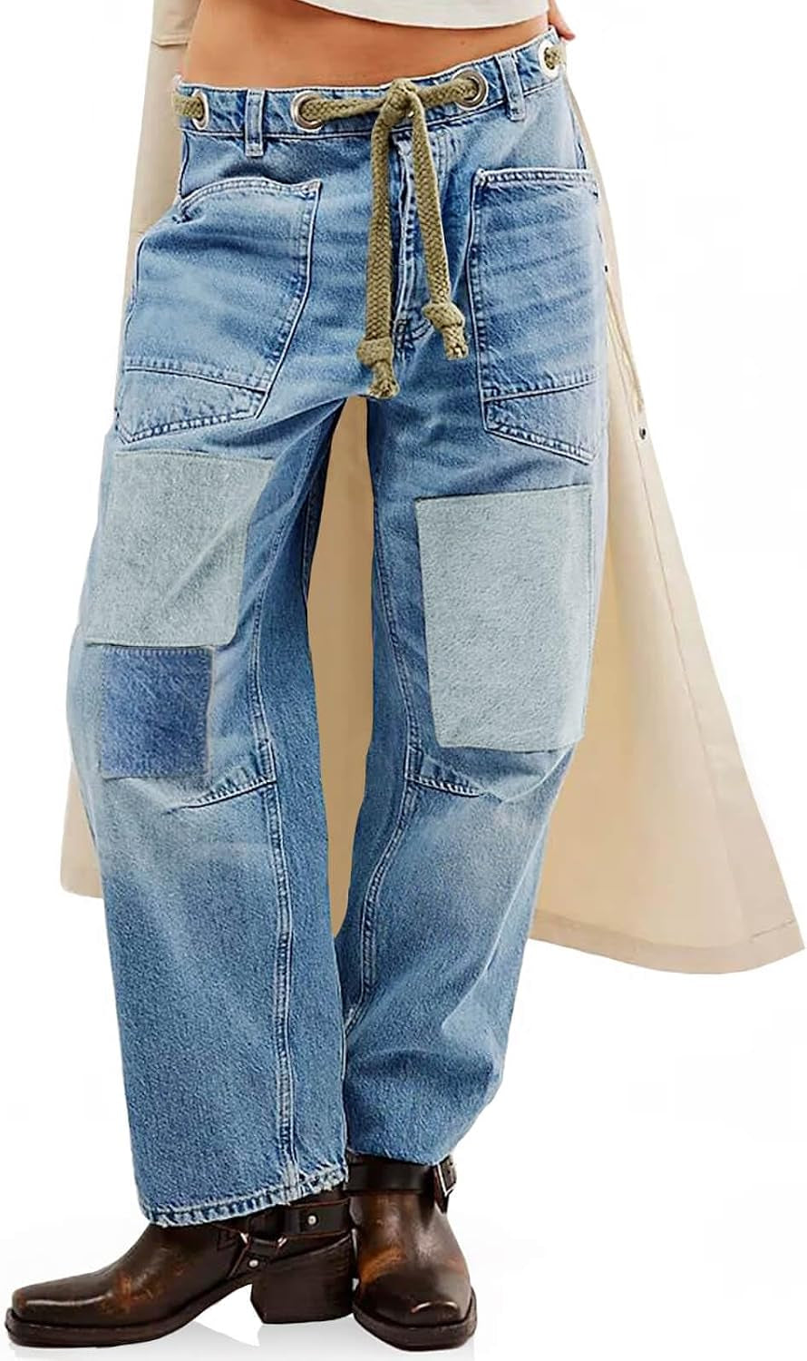 Womens Baggy Barrel Horseshoe Jeans Wide Leg Patchwork Low Rise Denim Pants with Pockets