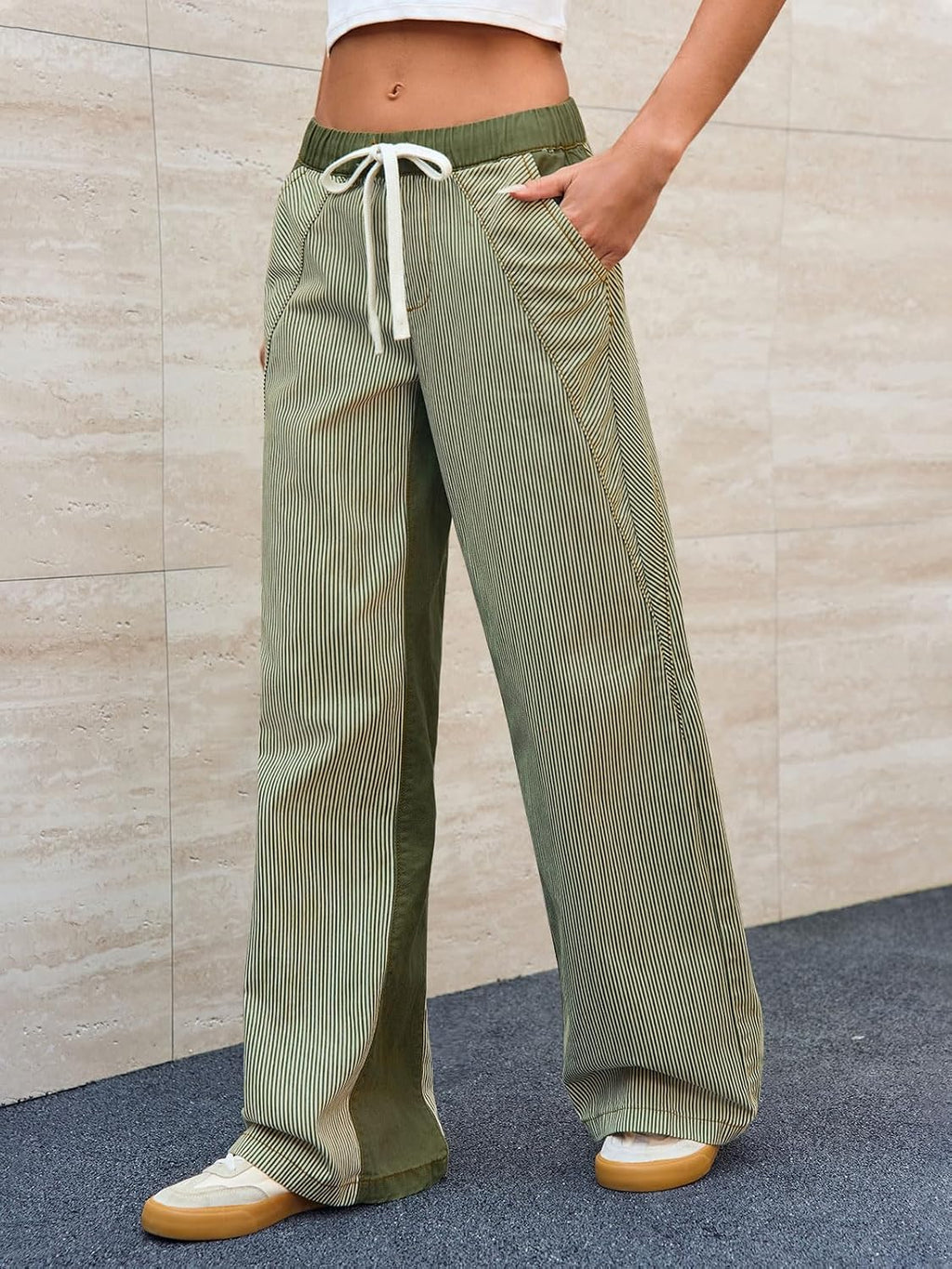 Low Rise Striped Pants for Women Pull on Drawstring Boho Wide Leg Jeans Trendy 2026