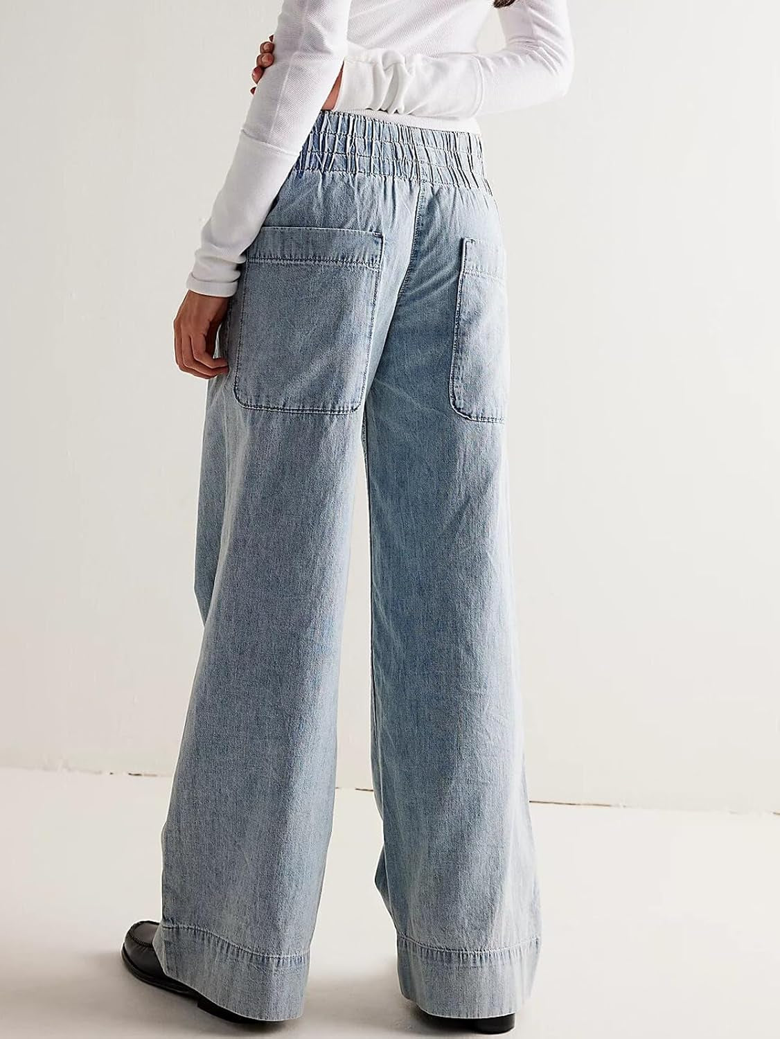 Women'S Wide Leg Jeans Baggy Low Mid Rise Pull on Denim Pants Y2K