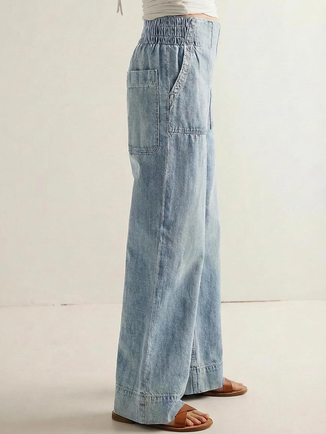 Women'S Wide Leg Jeans Baggy Low Mid Rise Pull on Denim Pants Y2K