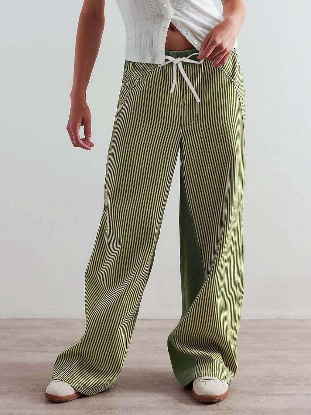 Low Rise Striped Pants for Women Pull on Drawstring Boho Wide Leg Jeans Trendy 2026