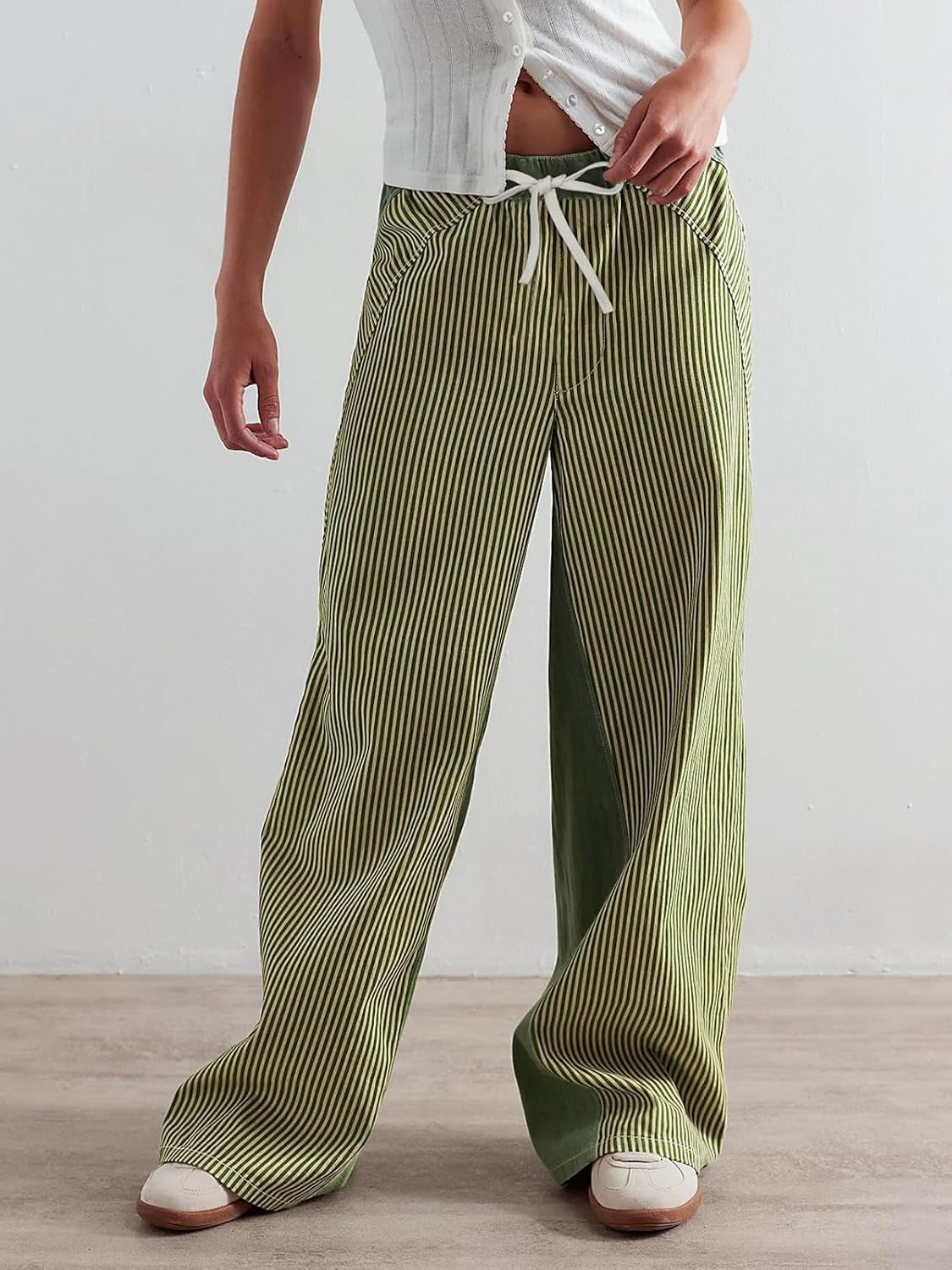 Low Rise Striped Pants for Women Pull on Drawstring Boho Wide Leg Jeans Trendy 2026