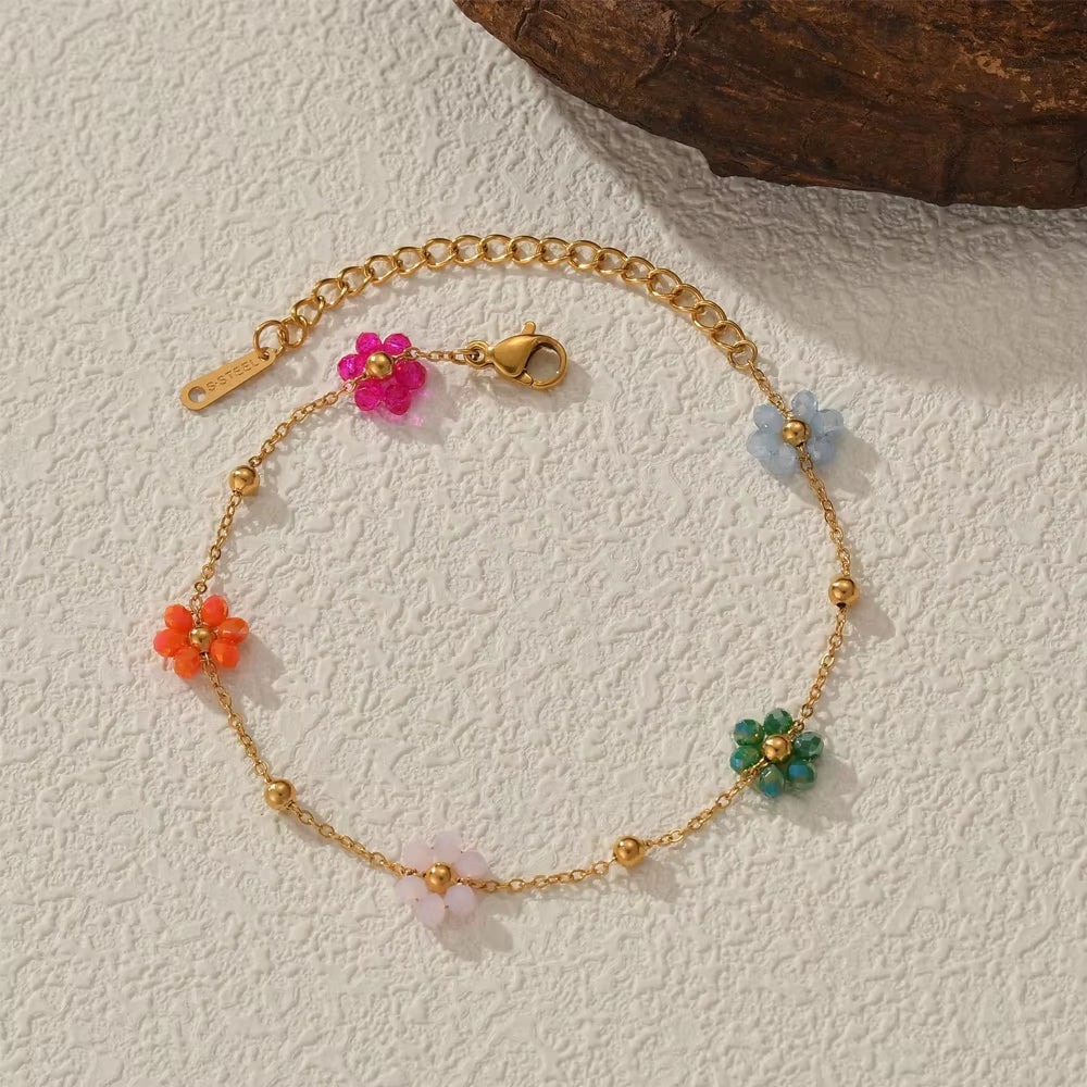 Sifisrri Vintage Color Flower Beads Chain Necklace Bracelet Jewerly Set for Women Stainless Steel Fashion Valentine'S Day Gift