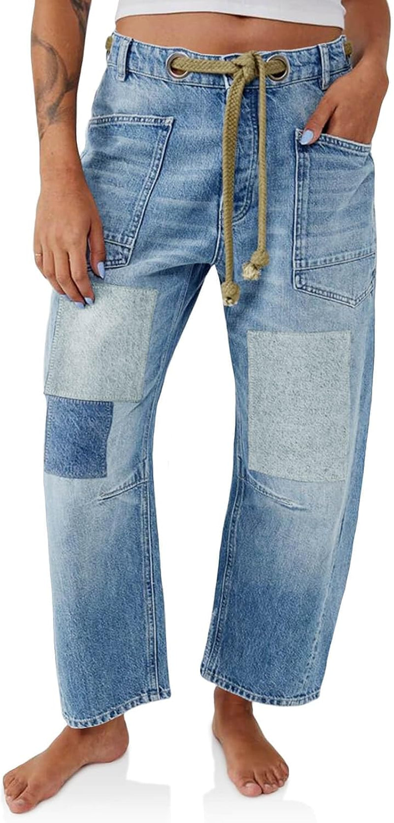 Womens Baggy Barrel Horseshoe Jeans Wide Leg Patchwork Low Rise Denim Pants with Pockets