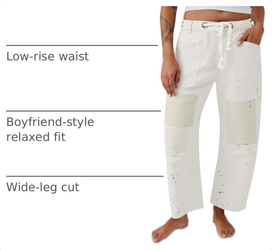Womens Baggy Barrel Horseshoe Jeans Wide Leg Patchwork Low Rise Denim Pants with Pockets