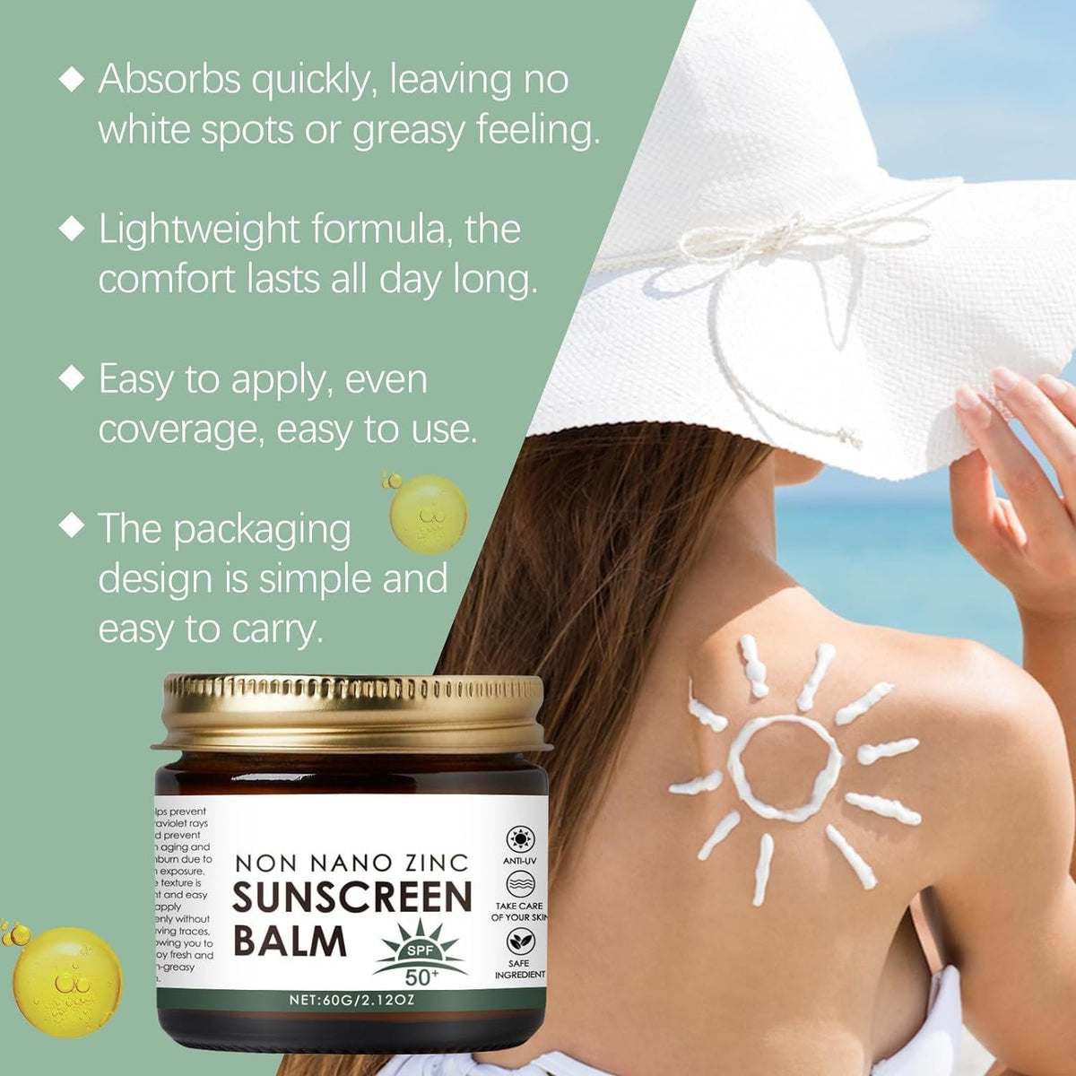 Beef Tallow Sunscreen with Zinc - SPF 50 Natural Sun Balm, Grass-Fed Beef Tallow Moisturizer for All Skin Types (2-Pack)
