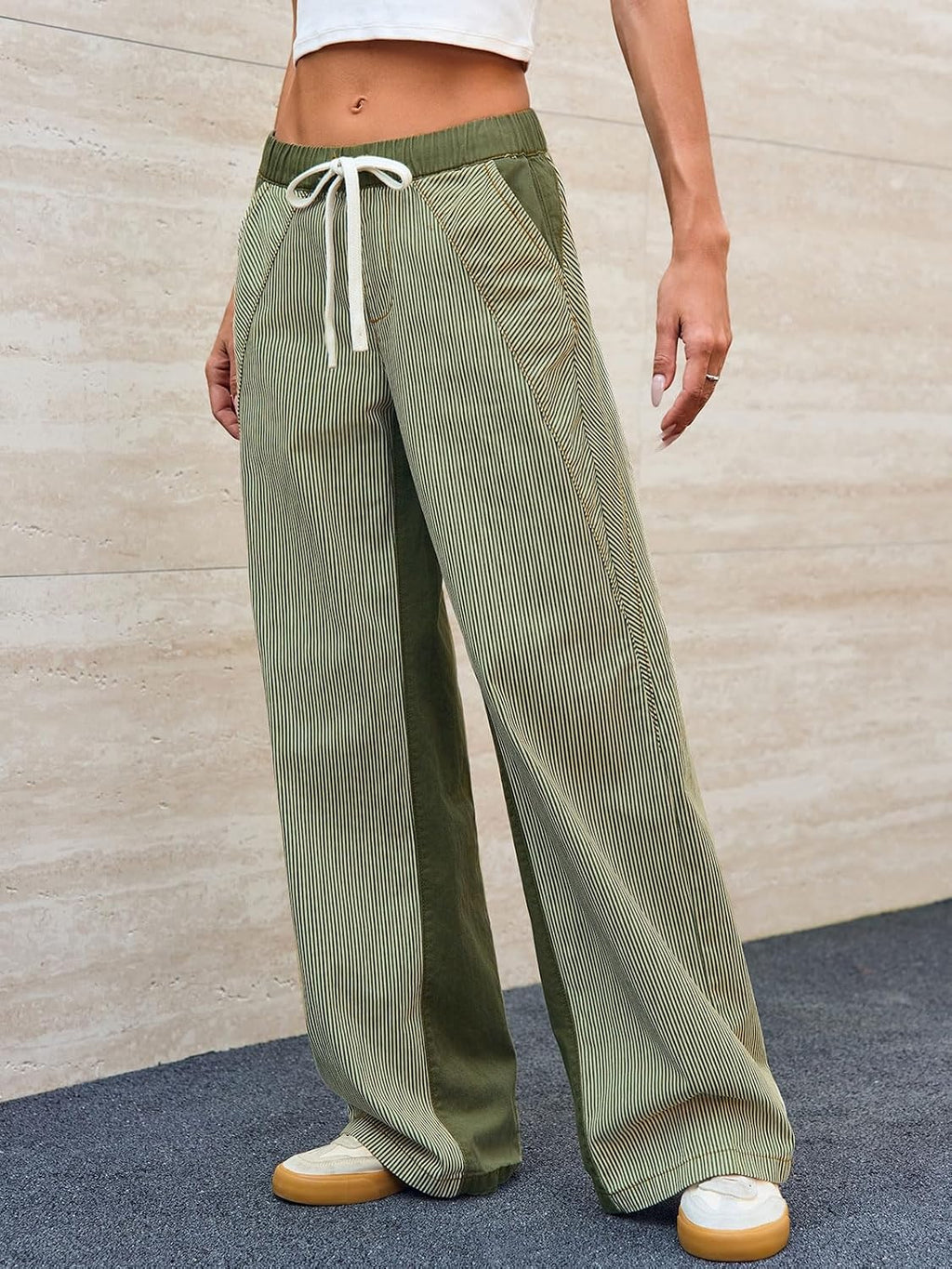 Low Rise Striped Pants for Women Pull on Drawstring Boho Wide Leg Jeans Trendy 2026
