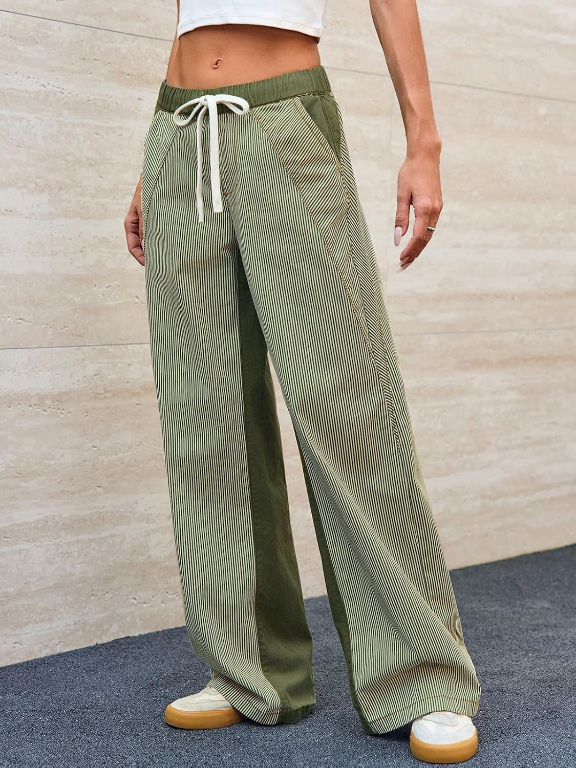 Low Rise Striped Pants for Women Pull on Drawstring Boho Wide Leg Jeans Trendy 2026