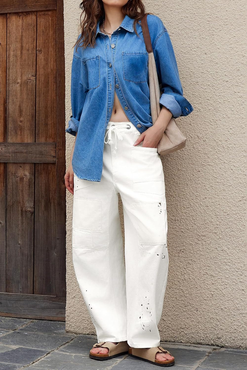 Womens Baggy Barrel Horseshoe Jeans Wide Leg Patchwork Low Rise Denim Pants with Pockets