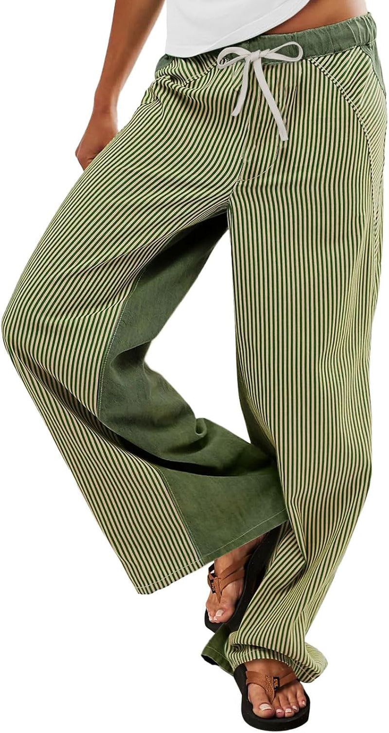 Low Rise Striped Pants for Women Pull on Drawstring Boho Wide Leg Jeans Trendy 2026