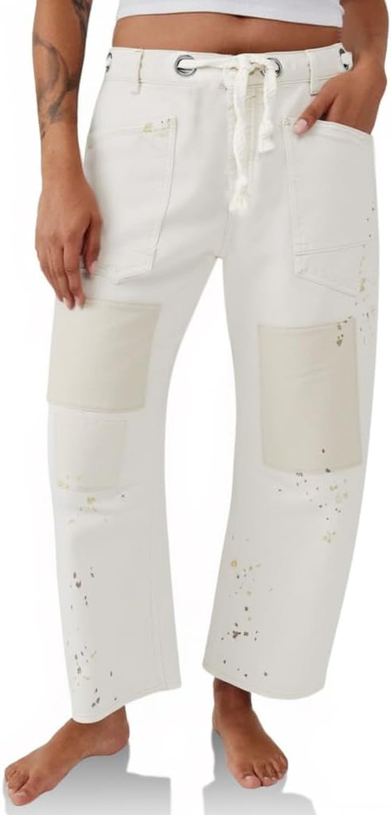 Womens Baggy Barrel Horseshoe Jeans Wide Leg Patchwork Low Rise Denim Pants with Pockets